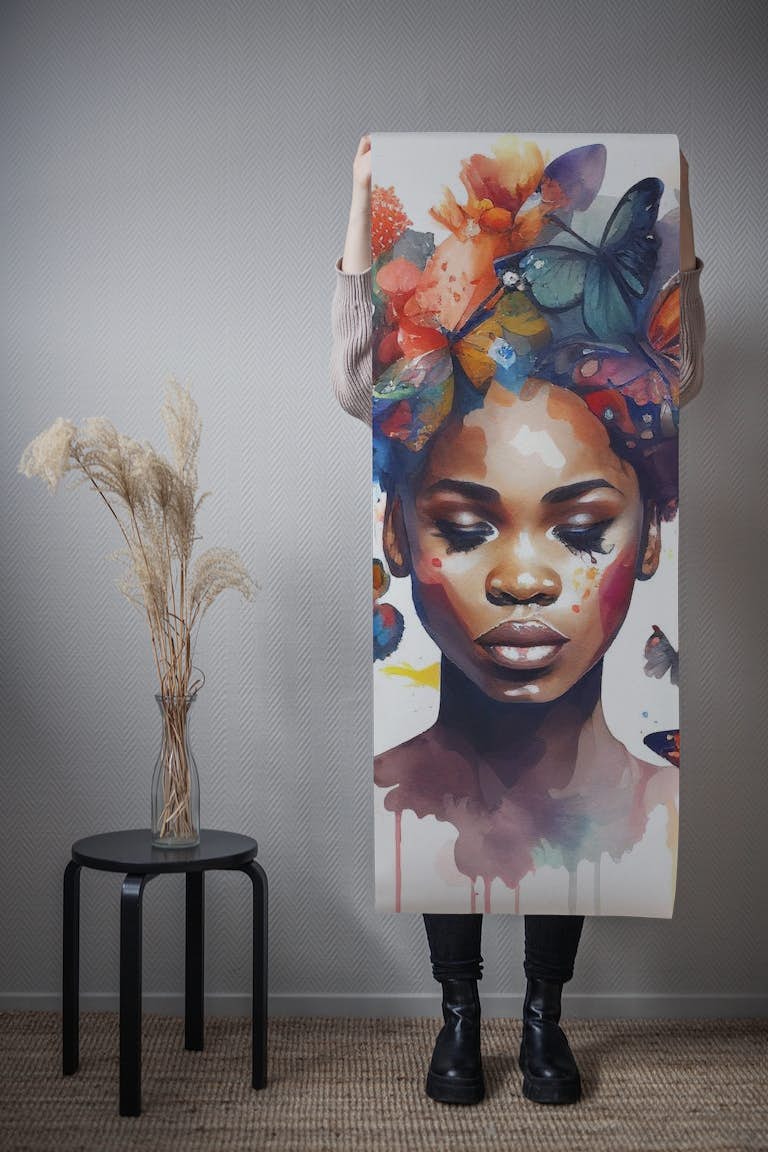 Watercolor Butterfly African Woman #4 tapeta roll