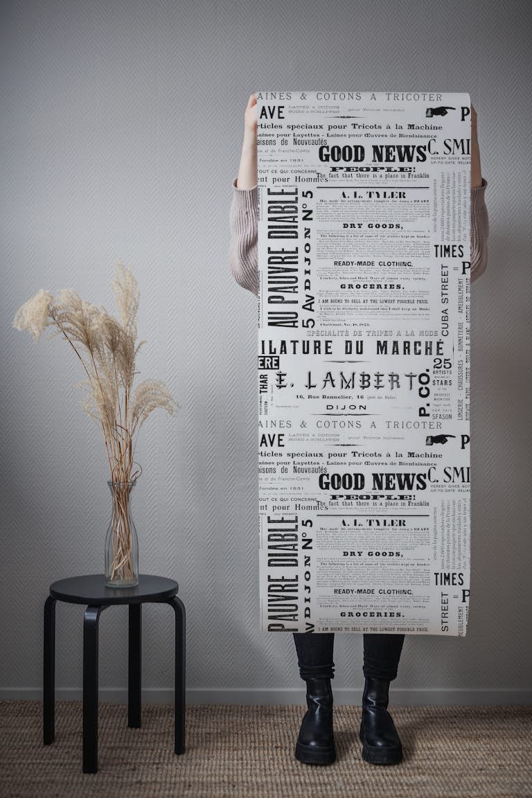 Old Print And News Typography Black White papel de parede roll