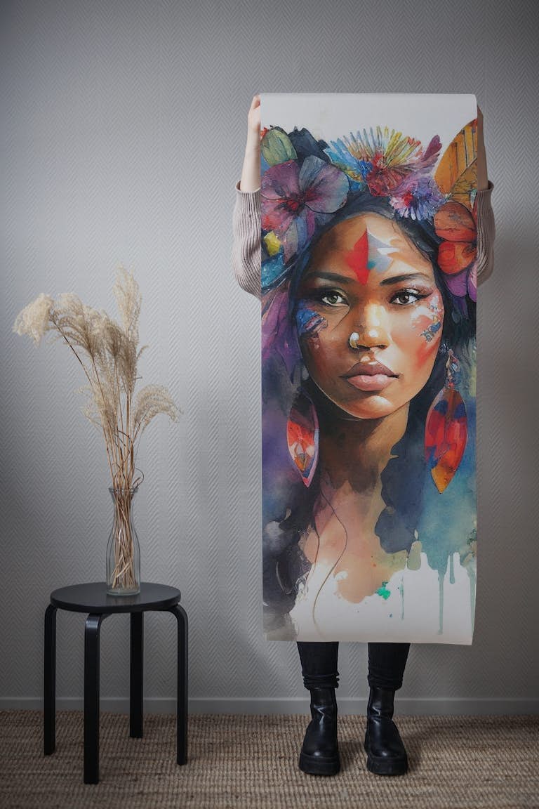 Watercolor Floral Indian Native Woman #1 papel de parede roll