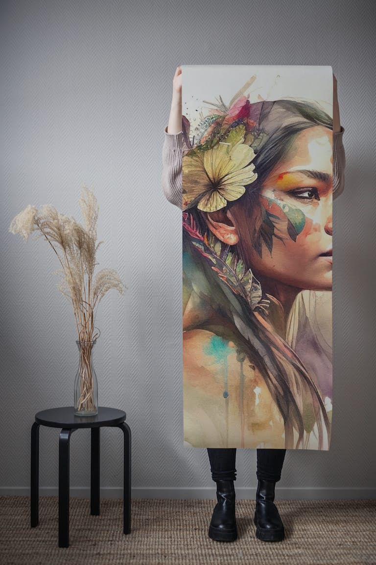 Watercolor Floral Indian Native Woman #2 papel de parede roll