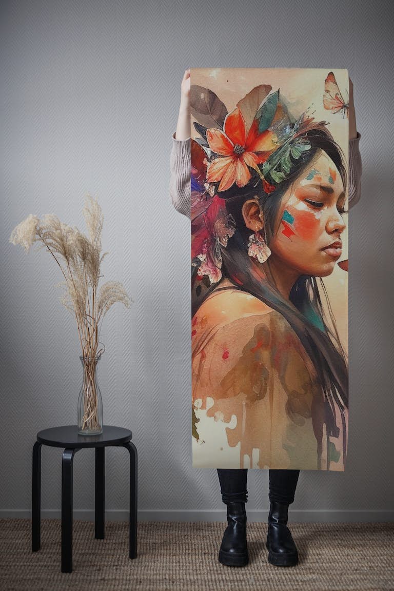 Watercolor Floral Indian Native Woman #8 tapeta roll