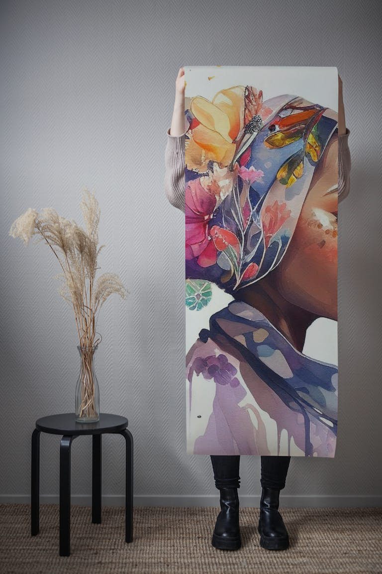Watercolor Floral Muslim African Woman #1 behang roll