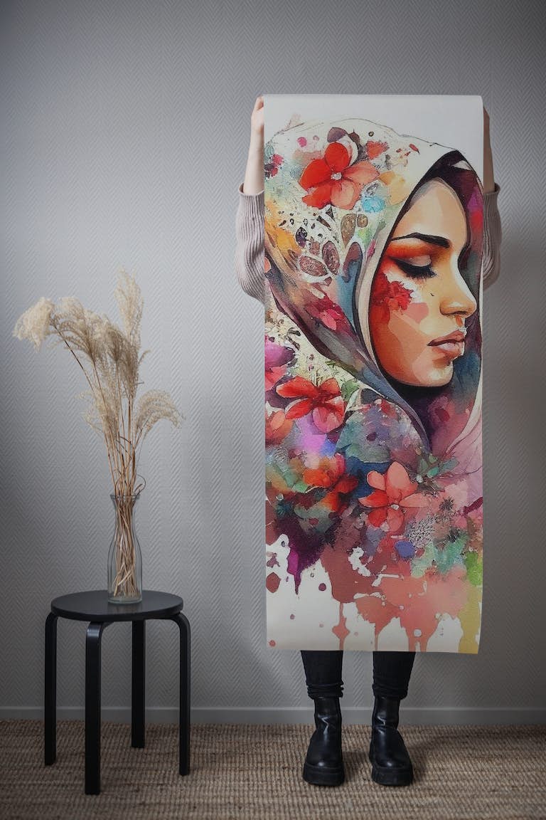 Watercolor Floral Muslim Arabian Woman #4 papel de parede roll