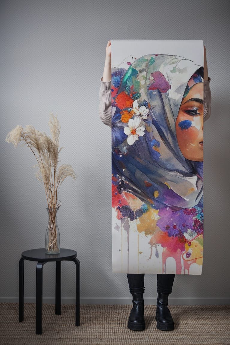 Watercolor Floral Muslim Arabian Woman #5 behang roll