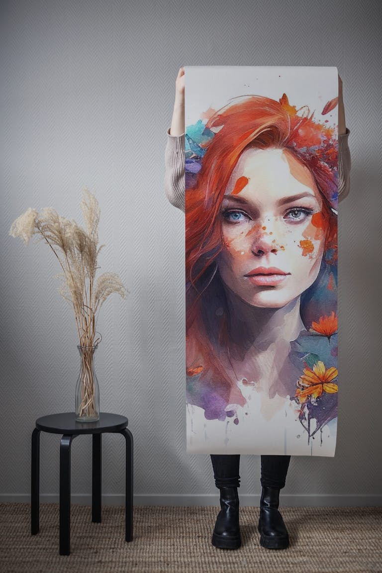 Watercolor Floral Red Hair Woman #3 wallpaper roll
