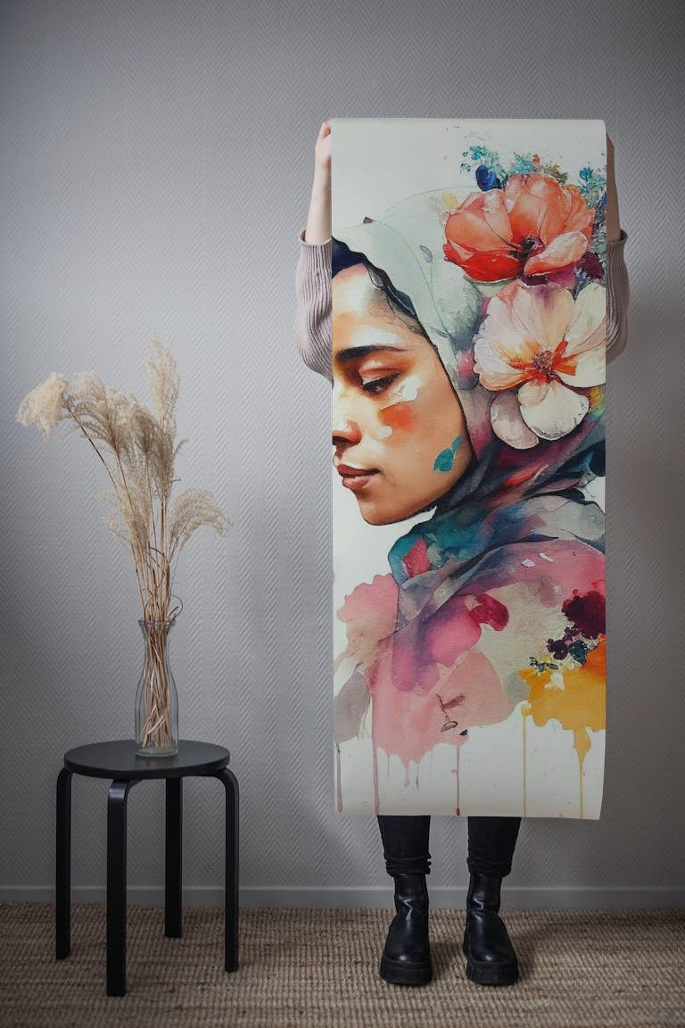 Watercolor Floral Muslim Woman #3 wallpaper roll