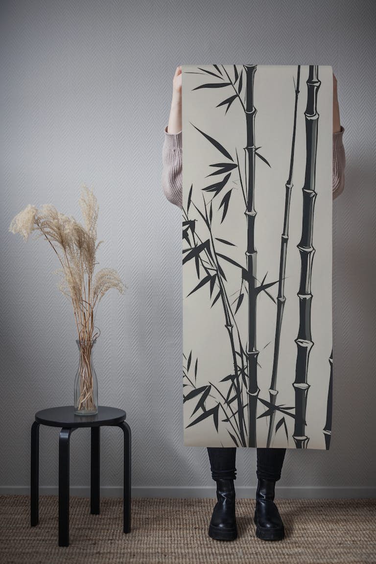 Black White Art Deco Bamboo Grass on Creme wallpaper roll
