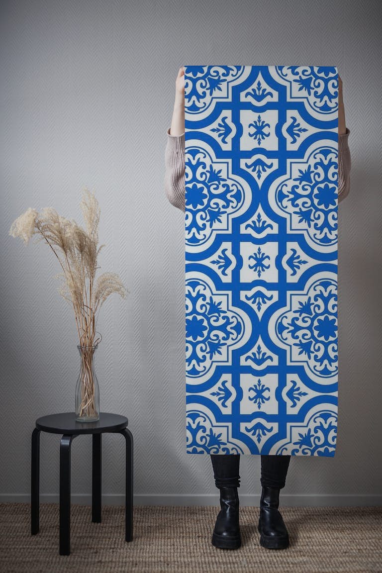 Spanish tile pattern azure blue white tapeta roll