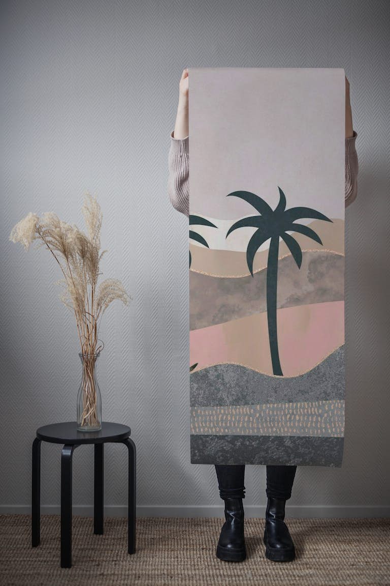 Desert Palm Tree Sunrise Collage Artwork behang roll