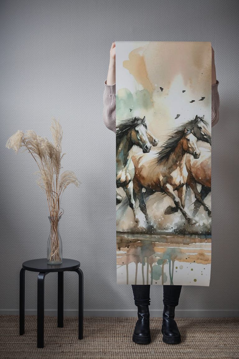 Horses Galloping Watercolor tapetit roll