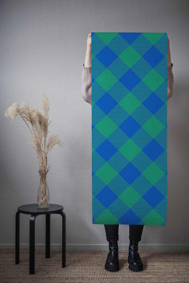 Blue and green vivid checks tapete roll