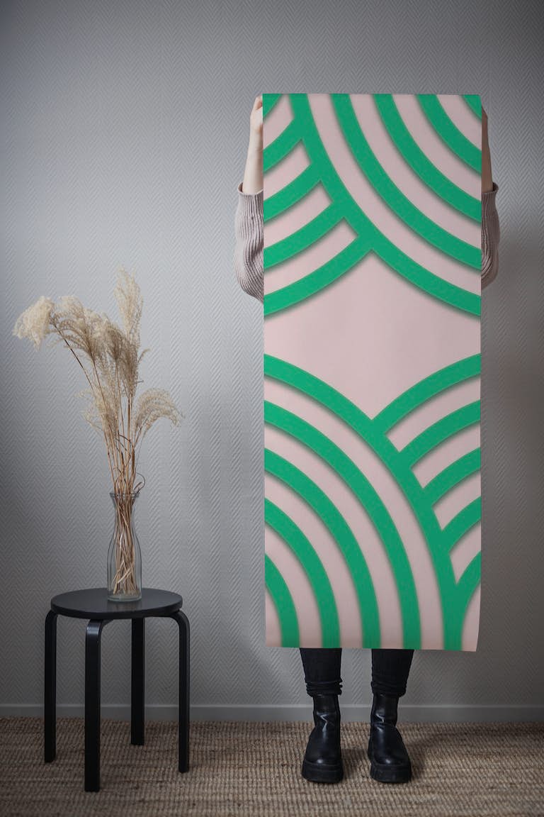 Modern Mid Century Bauhaus Rounds Pink Green tapetit roll