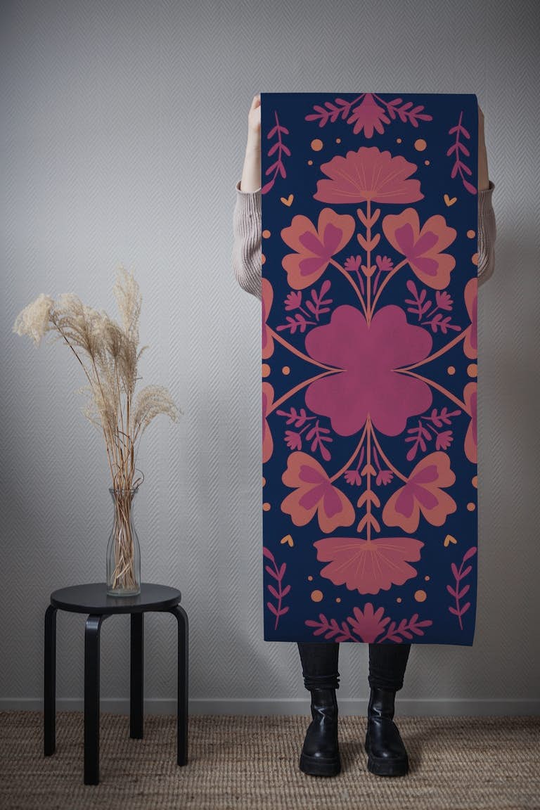Flowers and clovers in burgundy and dark blue tapeta roll
