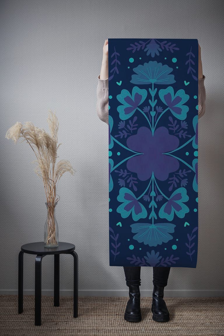 Flowers and clovers in blue tapeta roll