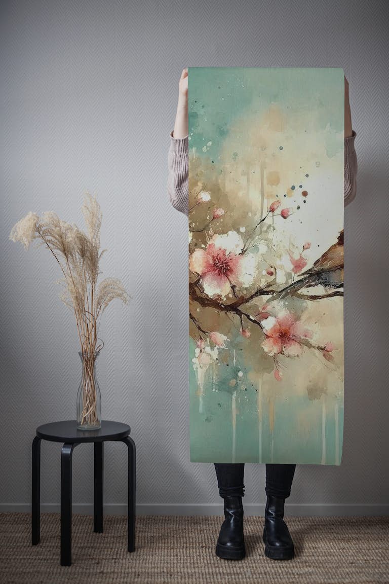 Cherry Blossoms Whispers on Teal Breeze papel de parede roll