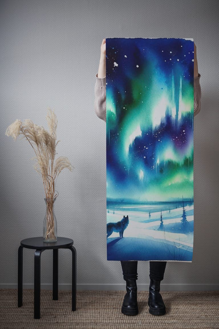 Arctic Fox and Northern Lights papel pintado roll