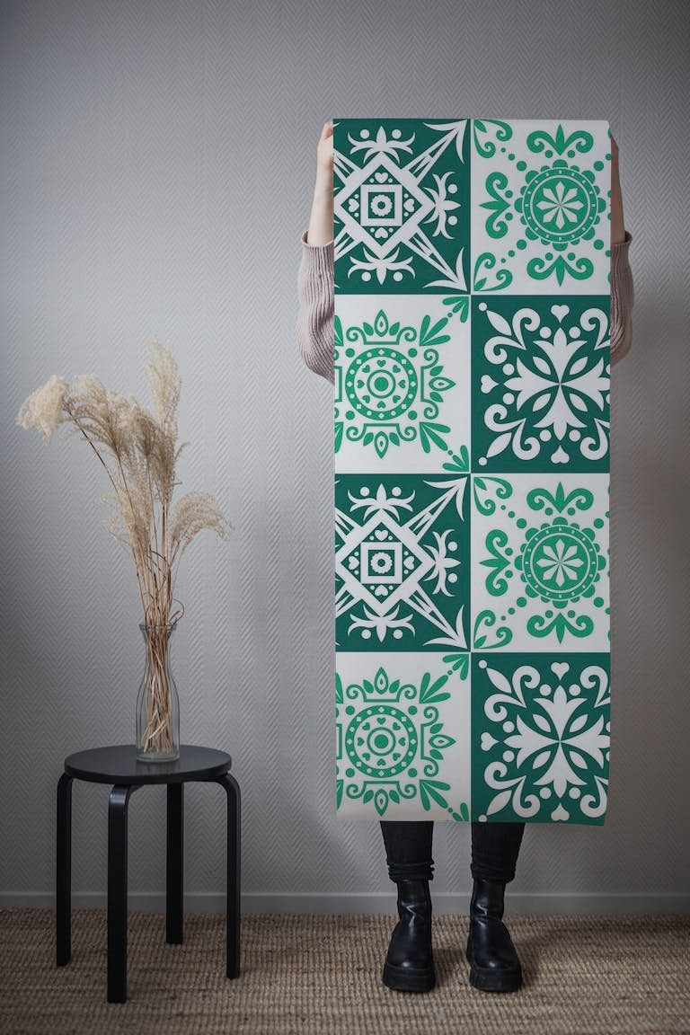 Spanish tile in jungle and emerald papel de parede roll