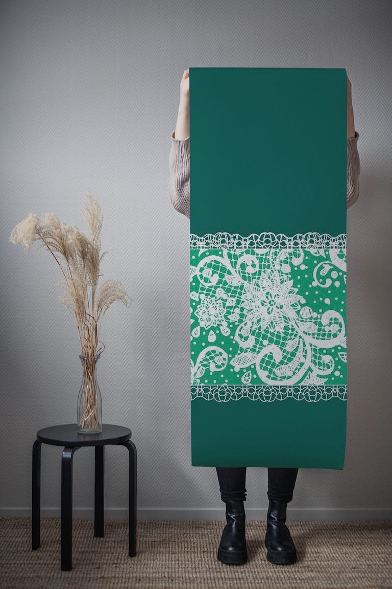Forest green jade white lace papel pintado roll