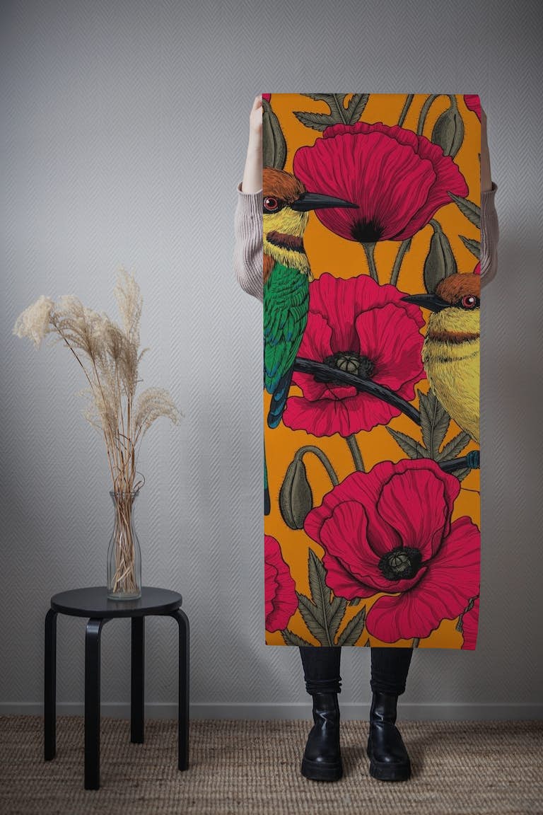 Bee eaters and poppies 2 papel de parede roll