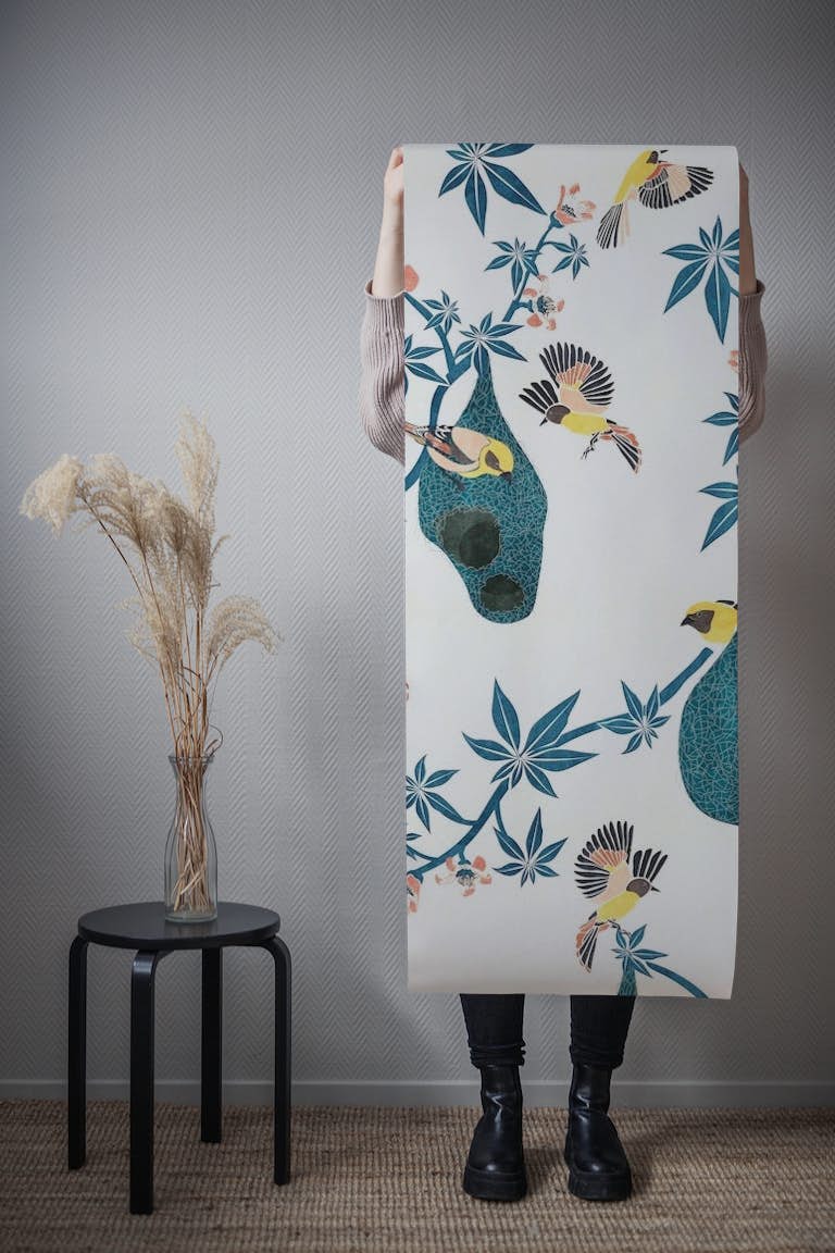 Weaver Birds with Nests Chinoiserie tapeta roll