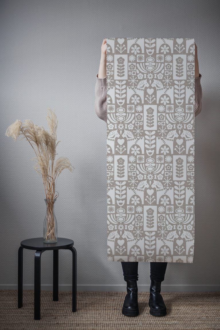 Swedish Folk Art Mid-Century Modern Warm Gray tapetit roll