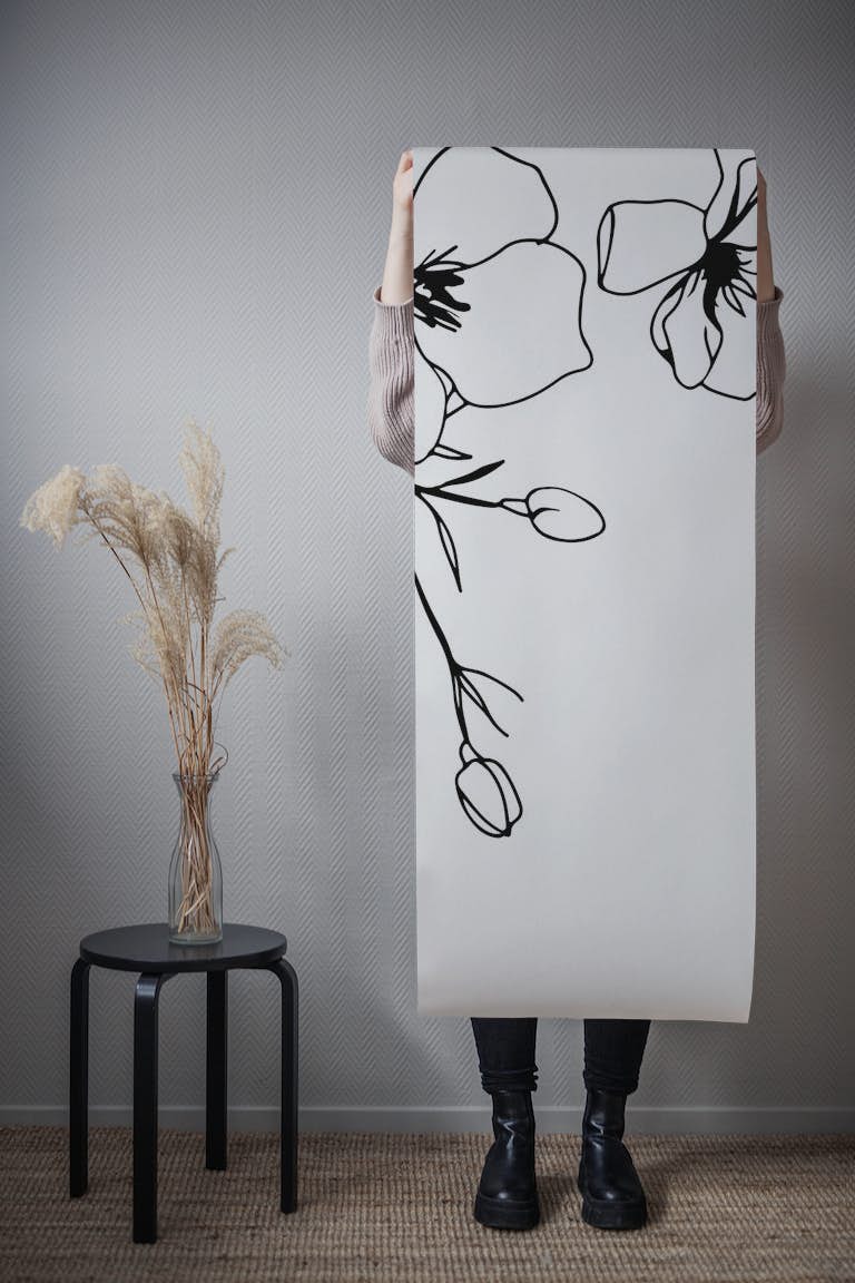 Minimalist Flower Drawing Black And White carta da parati roll
