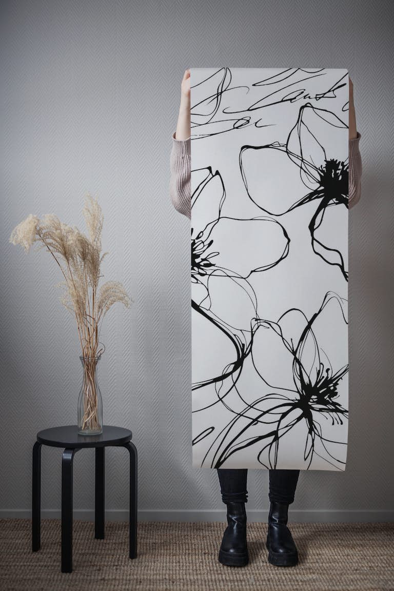 Flower Study And Script Black White wallpaper roll