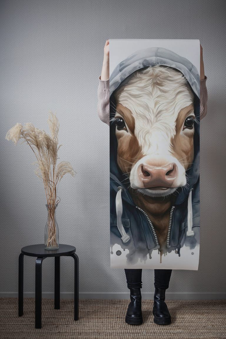 Watercolor Cartoon Cattle in a Hoodie wallpaper roll