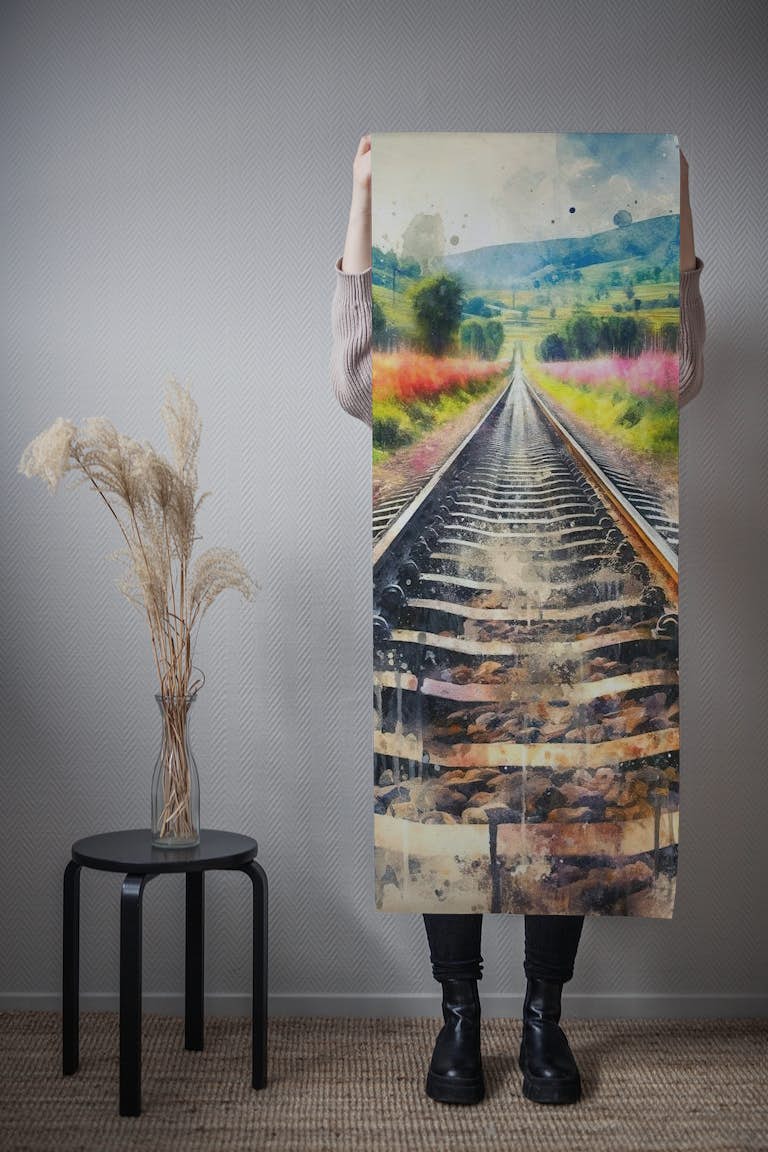 Train Track Countryside Flowers papel de parede roll