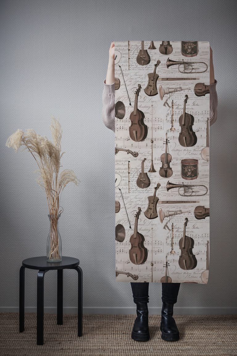 Vintage Music Instruments And Notes Brown papel de parede roll