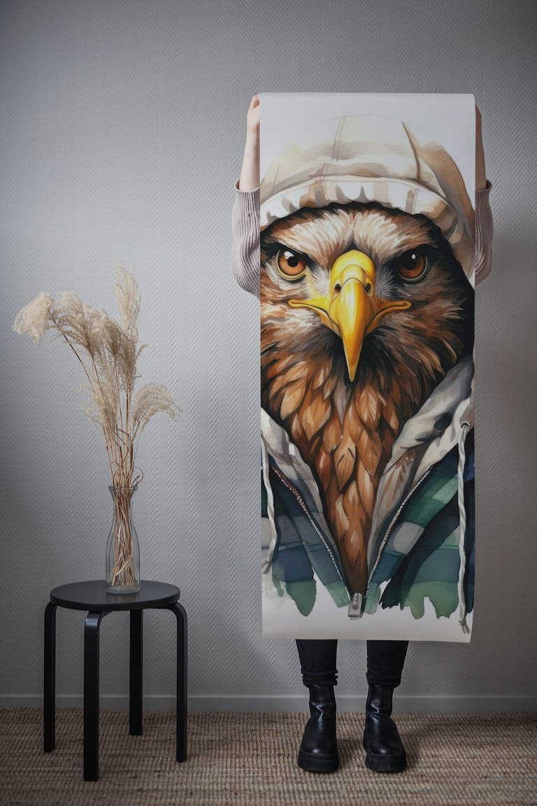 Watercolor Cartoon Eagle in a Hoodie behang roll