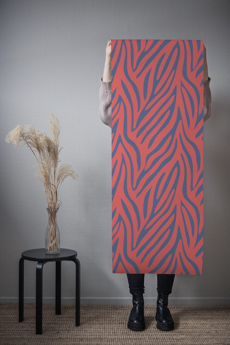 Coral red navy blue zebra print ταπετσαρία roll
