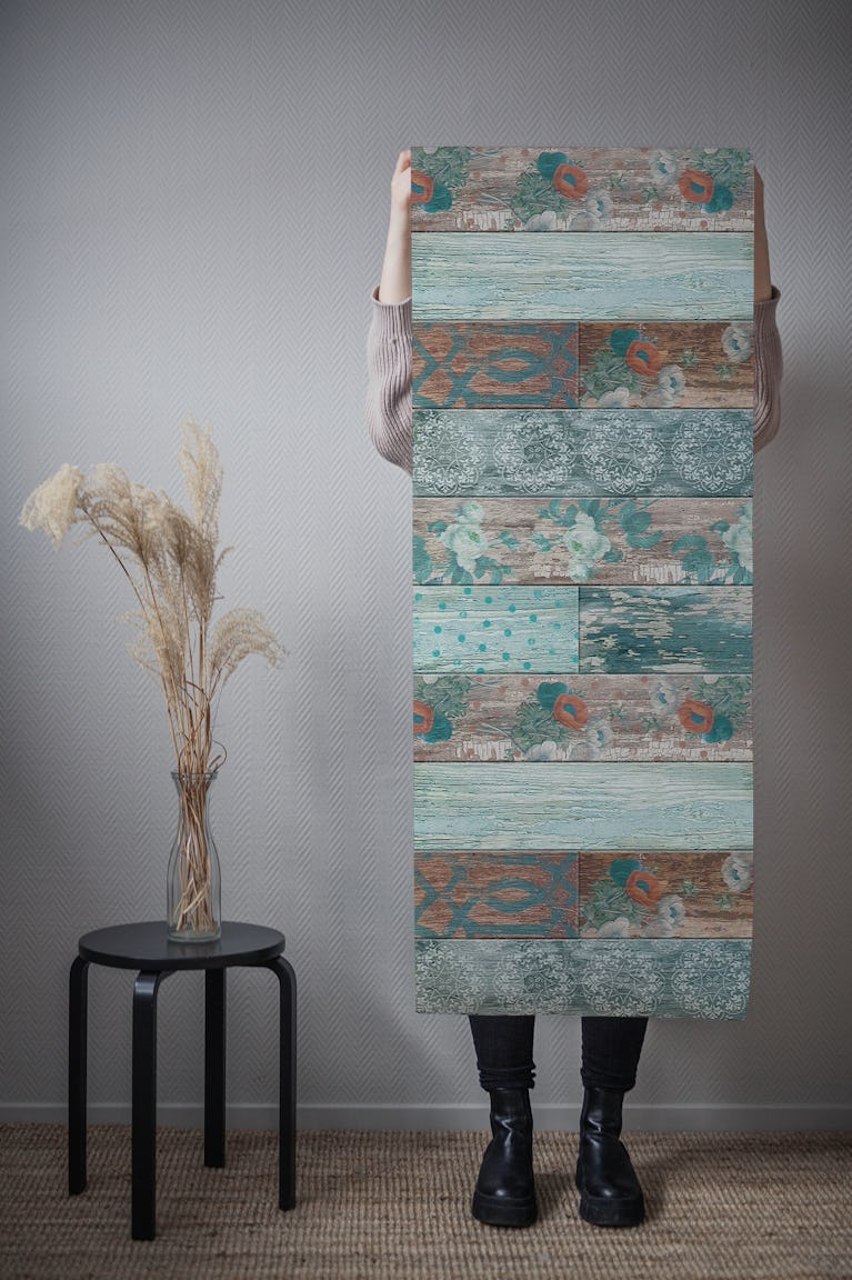 Vintage Wood Tiles Teal Brown wallpaper roll