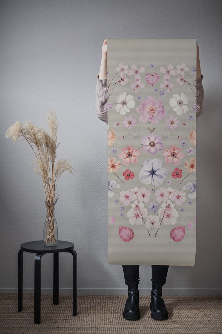 Pressed Flower Garden Pink Grey wallpaper roll