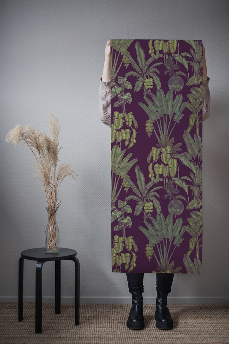 Lush Jungle Greens on Violet wallpaper roll