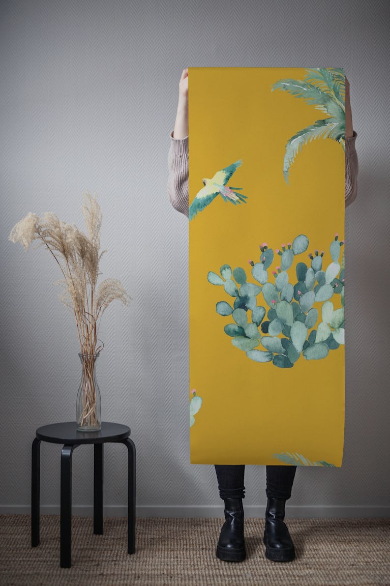 Cactus & Exotic Birds – Mustard Yellow wallpaper roll
