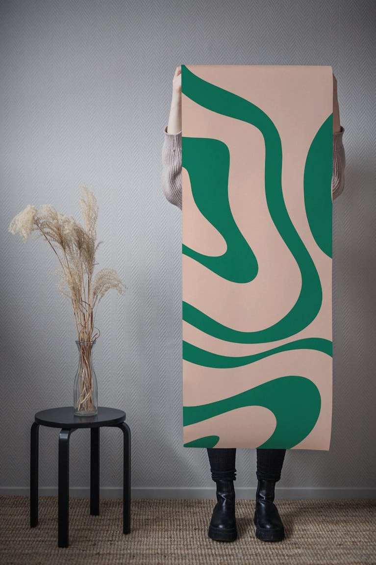 Retro Modern Liquid Swirl Green and Blush wallpaper roll