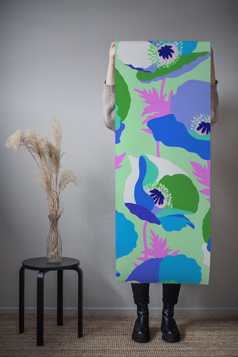 Spring Garden Poppies • blue pink green wallpaper roll
