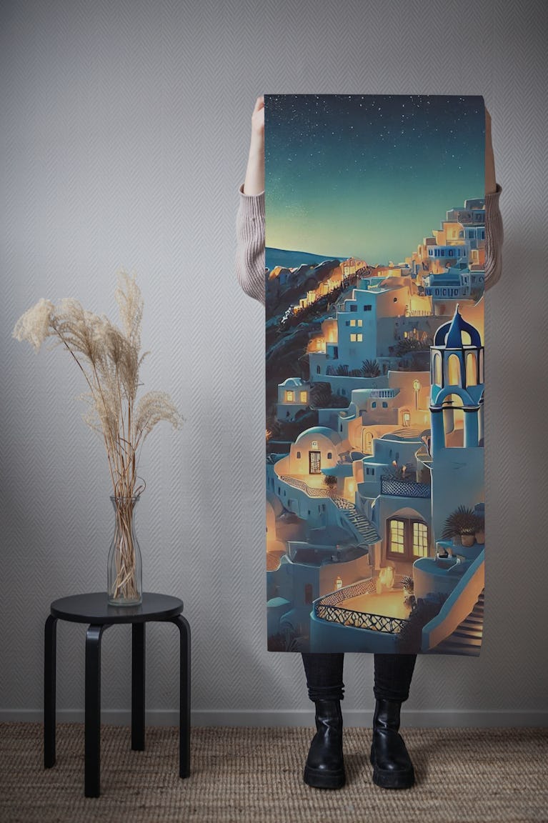Vintage Santorini Night Poster, Greece wallpaper roll