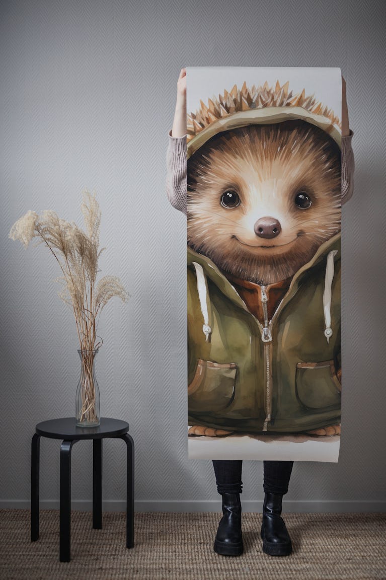 Watercolor Cartoon Hedgehog in a Hoodie wallpaper roll