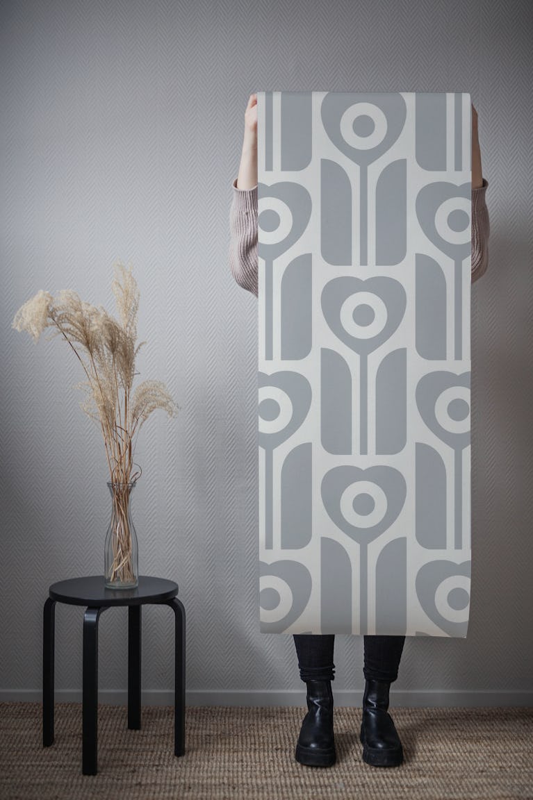 60s-70s Geometric retro tulips light grey wallpaper roll