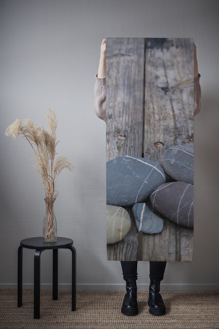 Pebble Collection On Wood wallpaper roll