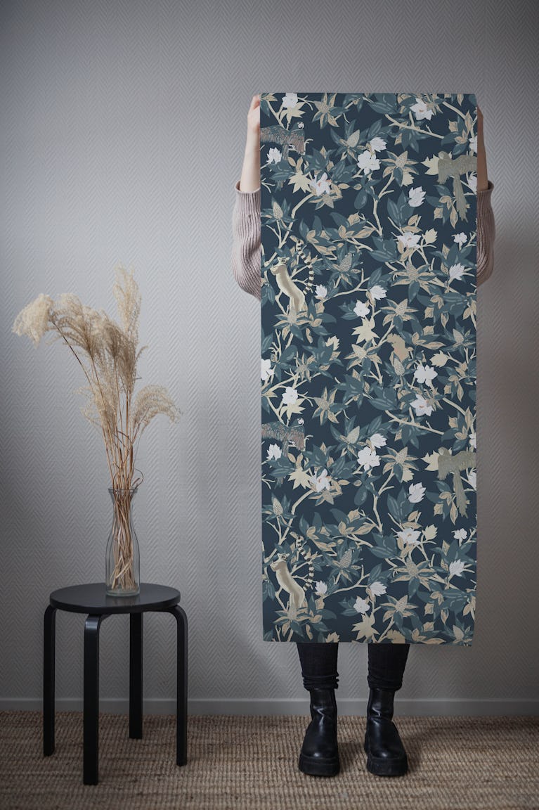Lemurs And Magnolias In Navy Blue Mural wallpaper roll