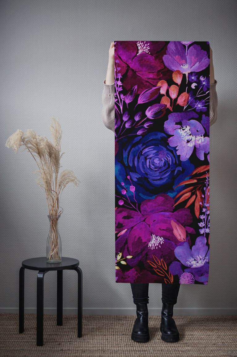 Dark Floral Chaos Purple and Blue Saturated wallpaper roll