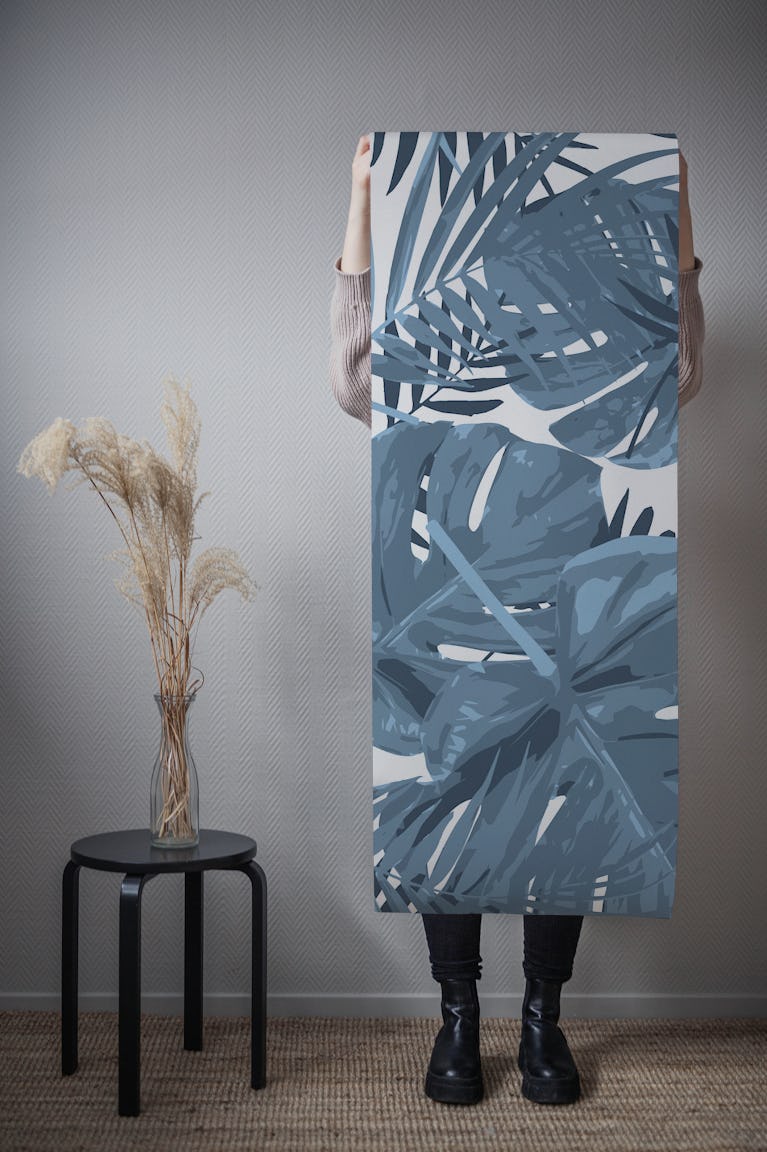 Blue Grey Monstera Leaves wallpaper roll