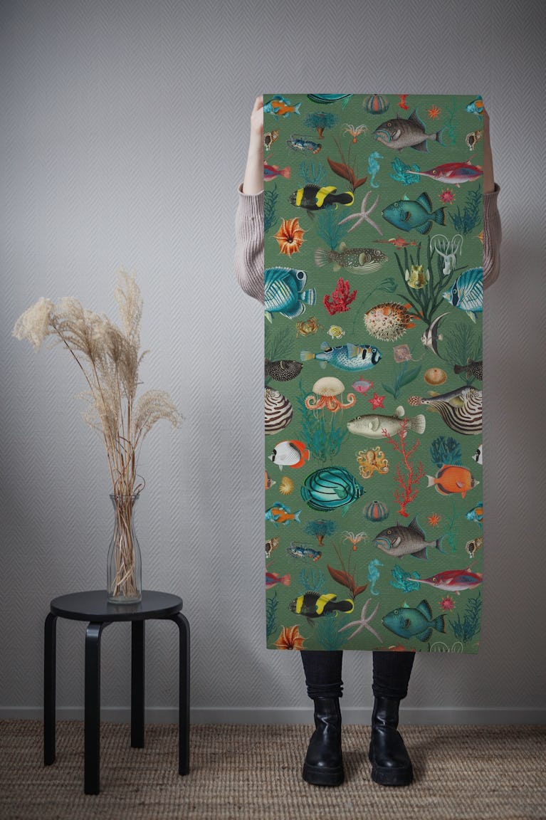 Oceania in olive green wallpaper roll