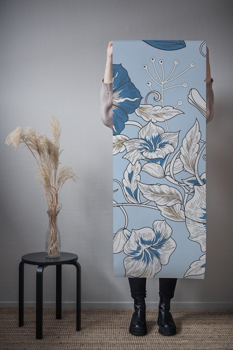 Baby Blue Hand Drawn Hibiscus wallpaper roll