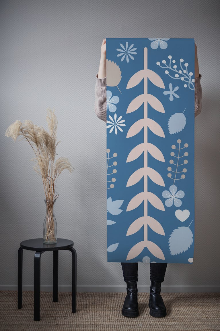 Denim Blue Pink Leaves wallpaper roll