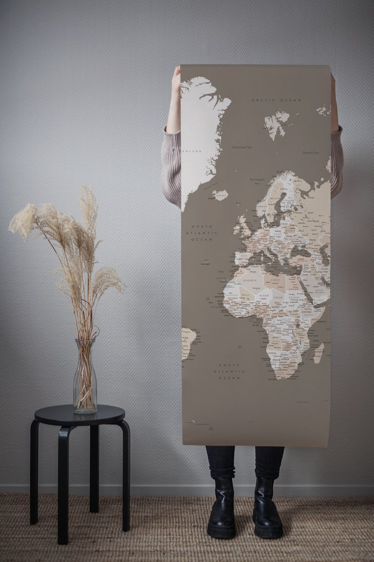 Detailed world map Earth tones wallpaper roll
