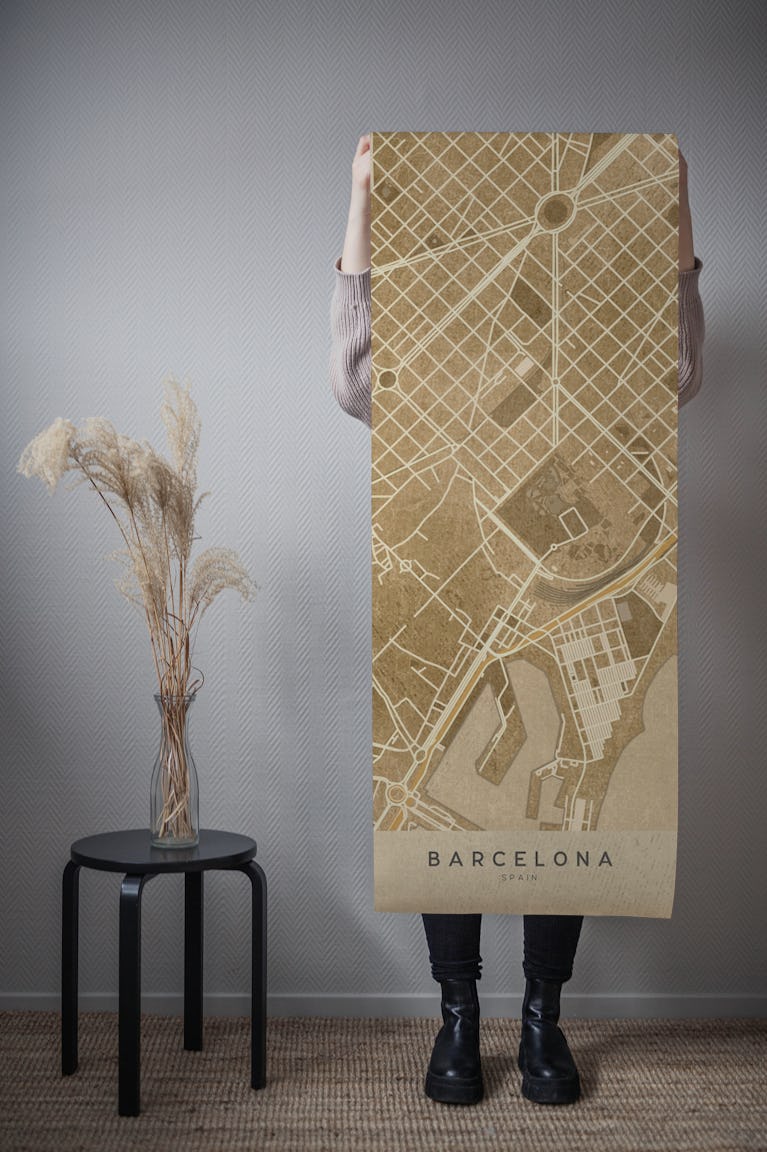 Barcelona sepia vintage map wallpaper roll